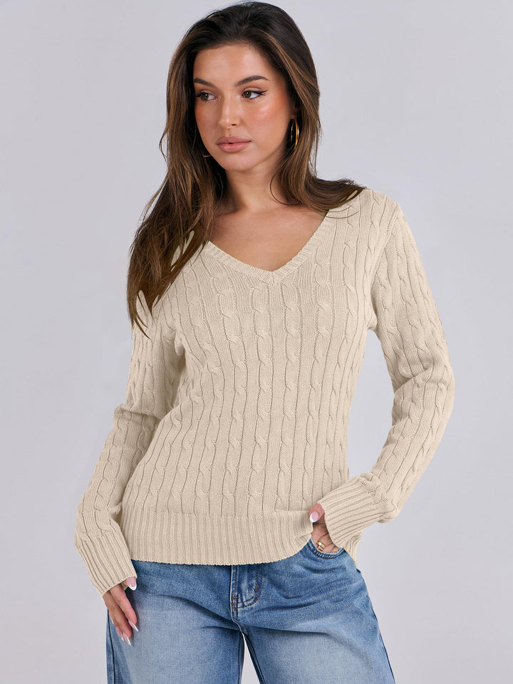 ANRABESS Women's Cable Knit V-Neck Fitted Sweater