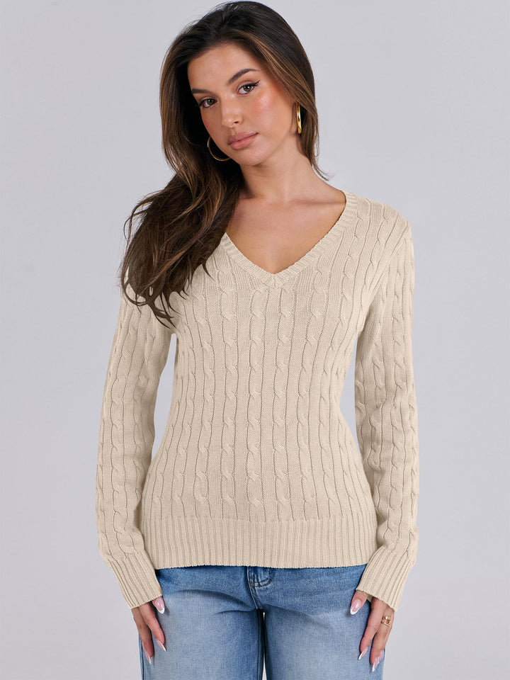 ANRABESS Women's Cable Knit V-Neck Fitted Sweater