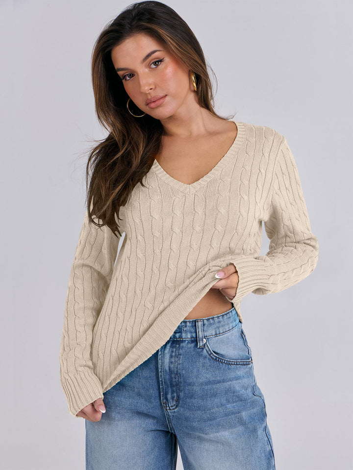 ANRABESS Women's Cable Knit V-Neck Fitted Sweater