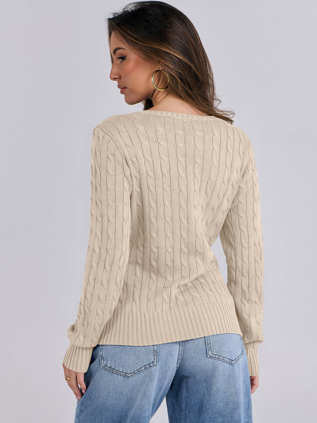 ANRABESS Women's Cable Knit V-Neck Fitted Sweater