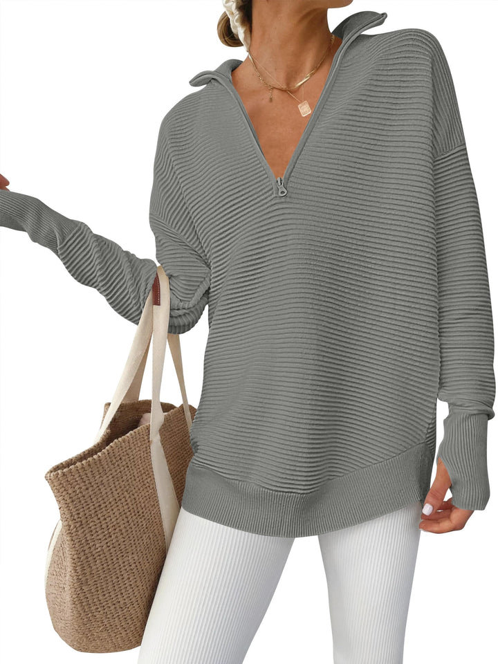 ANRABESS Women's Quarter Zip V-Neck Ribbed Sweater