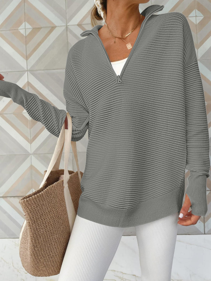 ANRABESS Women's Quarter Zip V-Neck Ribbed Sweater