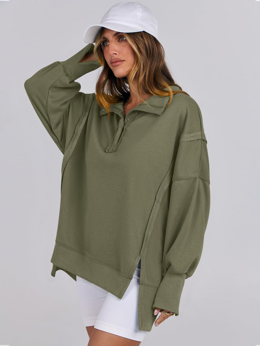 ANRABESS Women's Oversized Button-Up Henley Sweatshirt