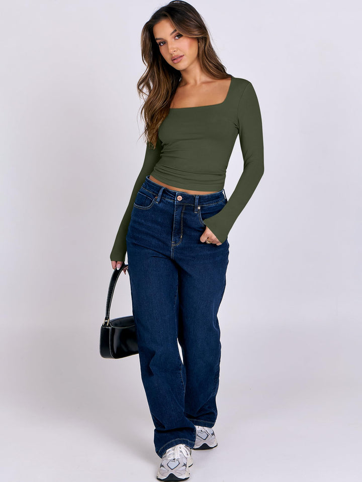 ANRABESS Women's Double Lined Square Neck Crop Top
