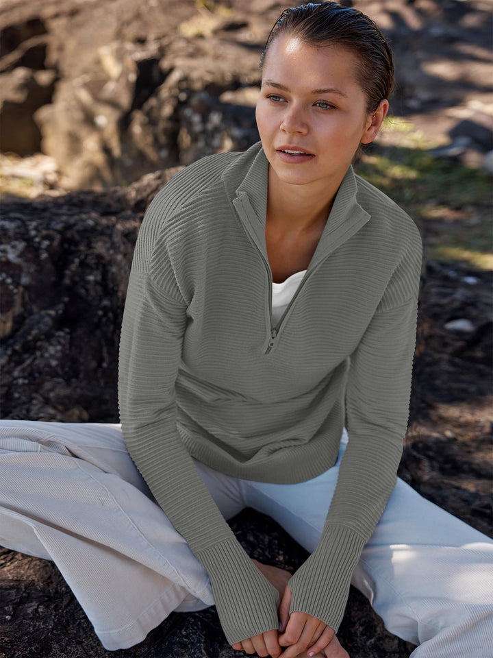 ANRABESS Women's Quarter Zip V-Neck Ribbed Sweater