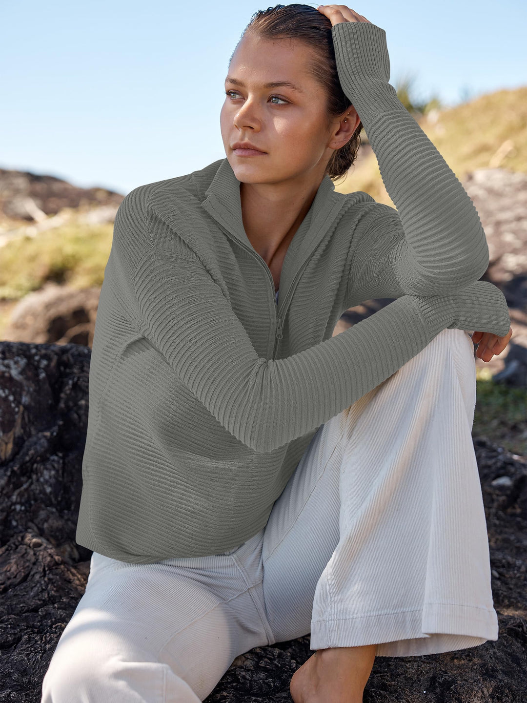 ANRABESS Women's Quarter Zip V-Neck Ribbed Sweater