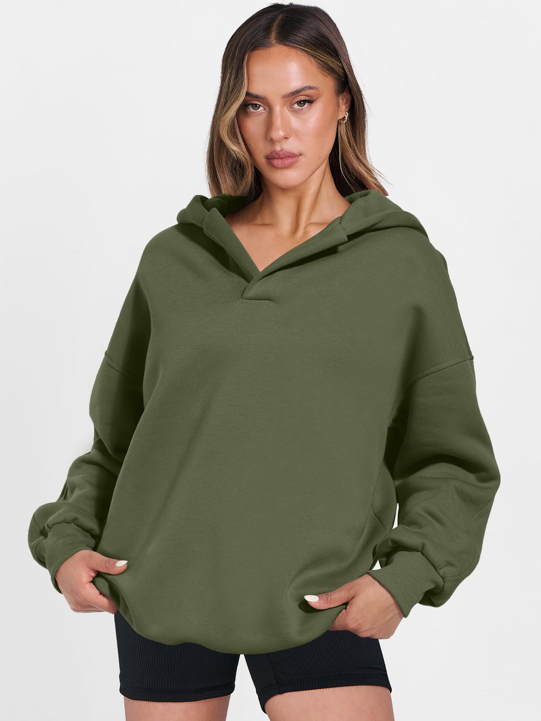 ANRABESS Women's Oversized V-Neck Fleece Hoodie