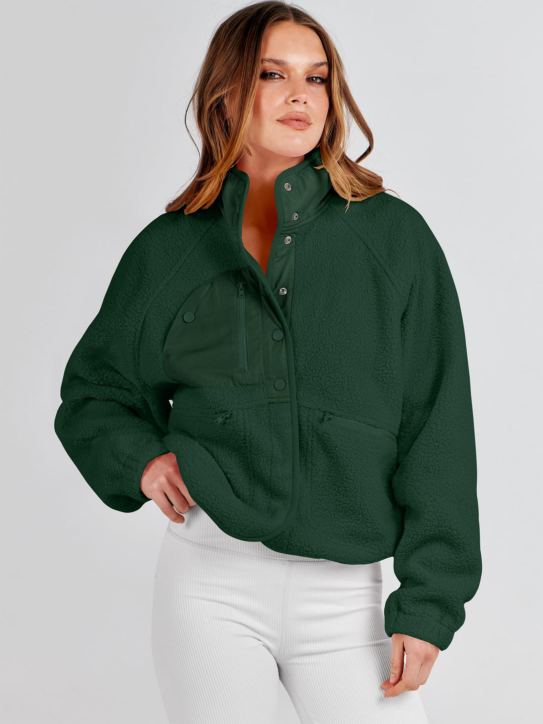 ANRABESS Women's Cropped Sherpa Shacket with Pockets