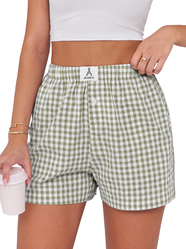 ANRABESS Womens Ruffle Boxer Shorts Gingham Elastic Waist Summer Casual Lounge Sleep Pajama Shorts Lightweight Loose Beach Bottoms with Pockets