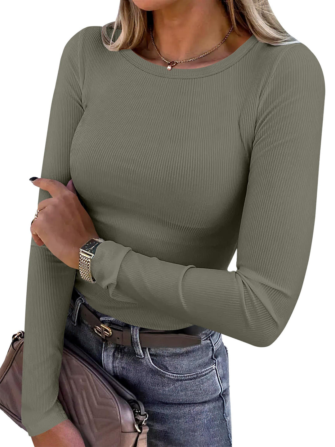 ANRABESS Long Sleeve Shirts for Women Ribbed Knit Slim Fit Basic Tops Crewneck Tees Spring Fall Casual Underscrubs Layer Clothes