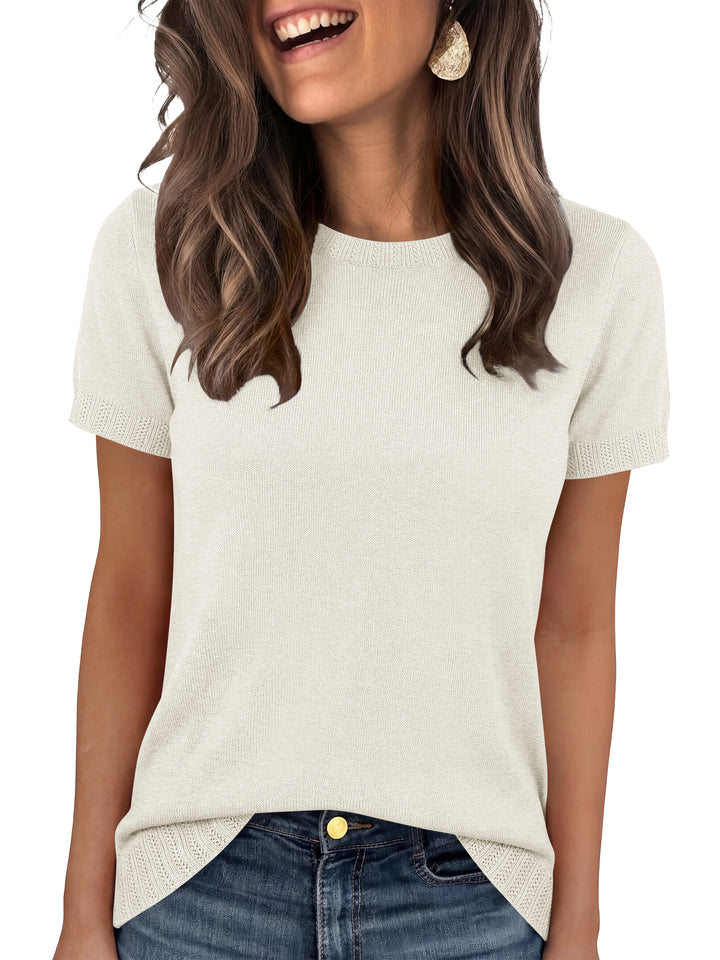 ANRABESS Short Sleeve Sweater for Women Lightweight Crewneck Wool Blend Sweaters Tops Spring Summer Business Casual Outfits