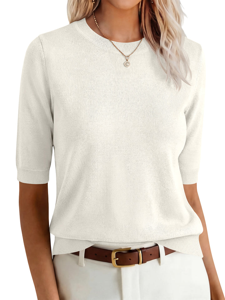 ANRABESS Short Sleeve Sweaters for Women Summer Wool Blend Crew Neck Shirts Lightweight Work Top 2026 Business Casual Outfits