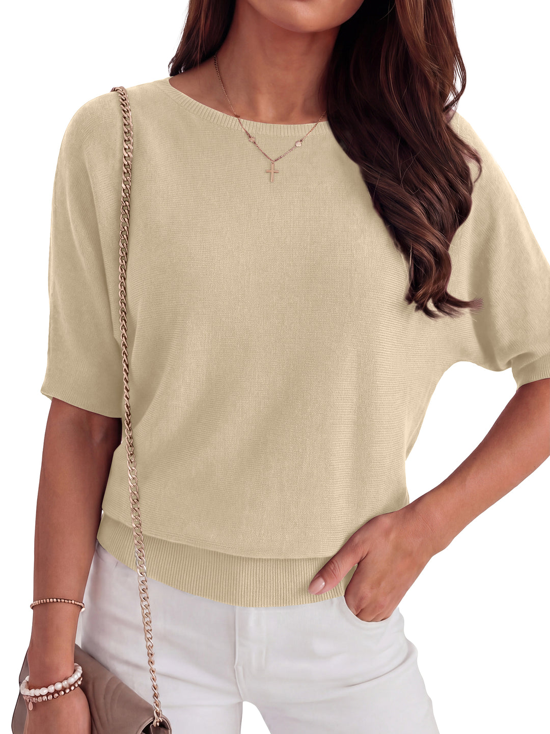 ANRABESS Women's Short Sleeve Sweater Wool Blend Crewneck Lightweight Sweaters Tops Summer Spring Business Casual Outfits