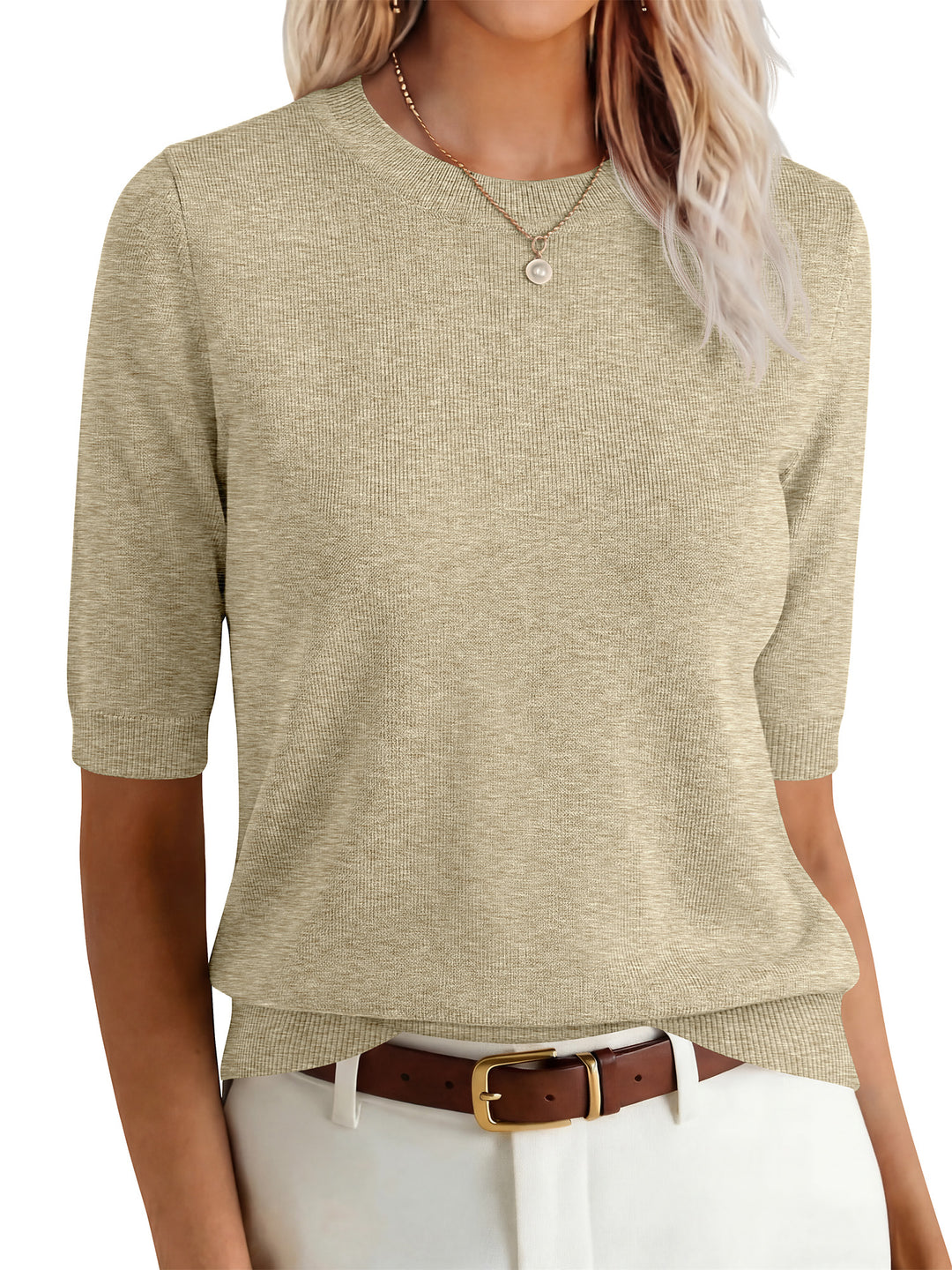 ANRABESS Short Sleeve Sweaters for Women Summer Wool Blend Crew Neck Shirts Lightweight Work Top 2026 Business Casual Outfits