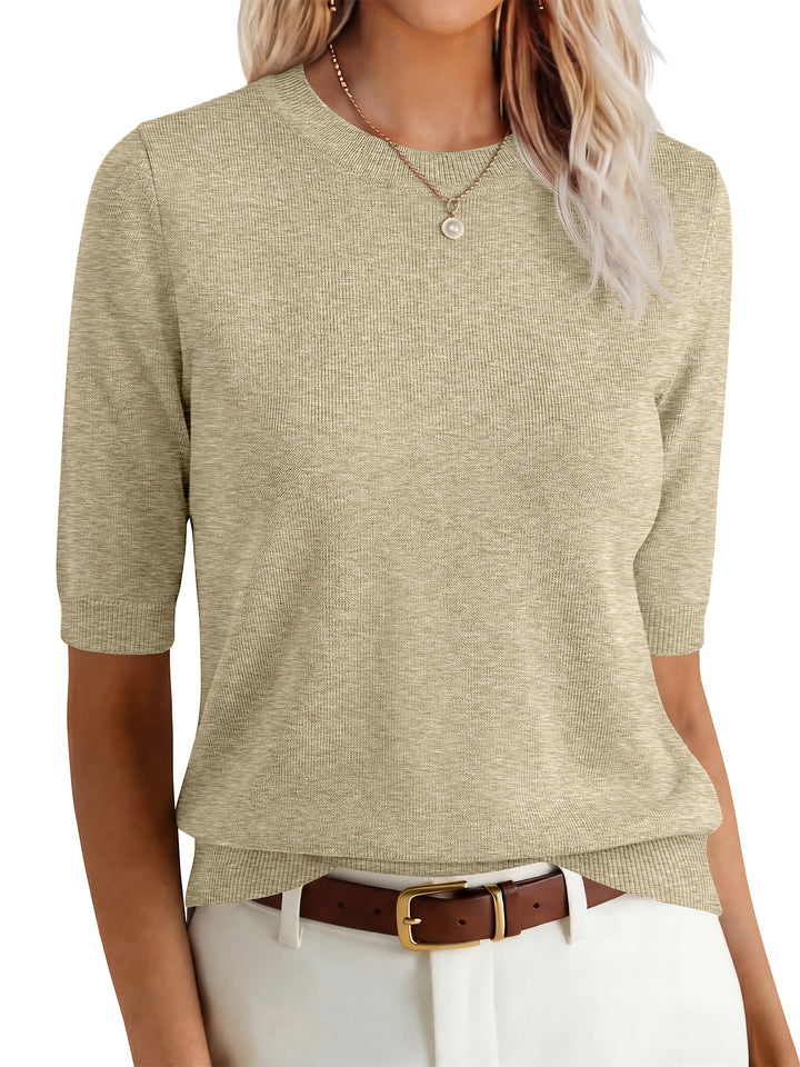 ANRABESS Short Sleeve Sweaters for Women Summer Wool Blend Crew Neck Shirts Lightweight Work Top 2026 Business Casual Outfits