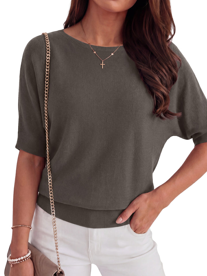 ANRABESS Women's Short Sleeve Sweater Wool Blend Crewneck Lightweight Sweaters Tops Summer Spring Business Casual Outfits