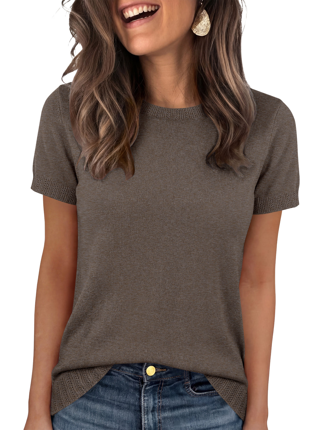 ANRABESS Short Sleeve Sweater for Women Lightweight Crewneck Wool Blend Sweaters Tops Spring Summer Business Casual Outfits