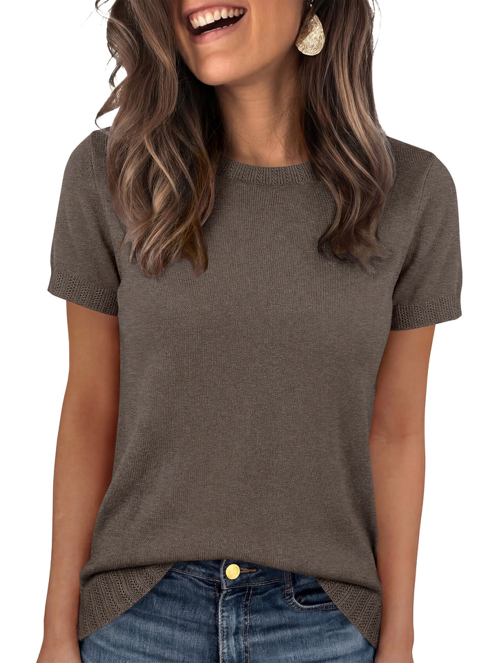ANRABESS Short Sleeve Sweater for Women Lightweight Crewneck Wool Blend Sweaters Tops Spring Summer Business Casual Outfits