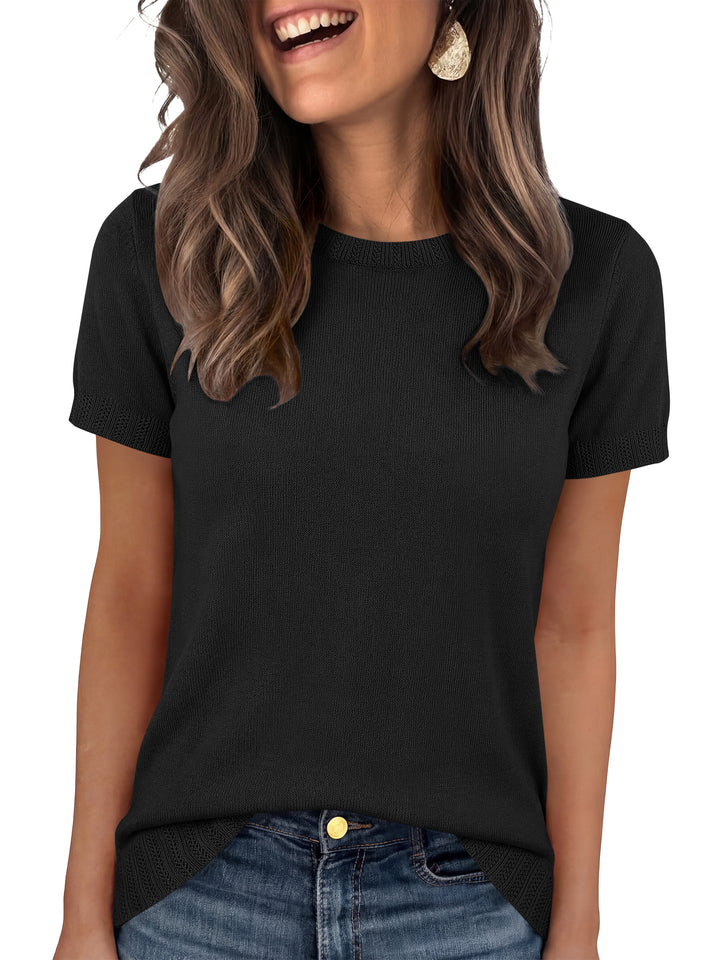 ANRABESS Short Sleeve Sweater for Women Lightweight Crewneck Wool Blend Sweaters Tops Spring Summer Business Casual Outfits