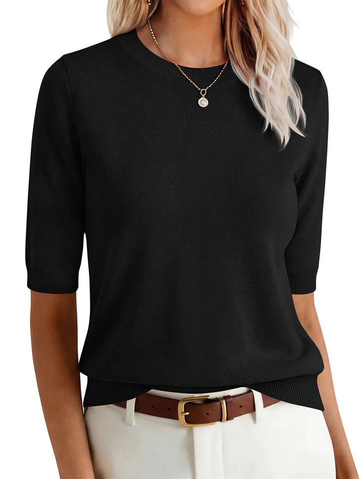 ANRABESS Short Sleeve Sweaters for Women Summer Wool Blend Crew Neck Shirts Lightweight Work Top 2026 Business Casual Outfits