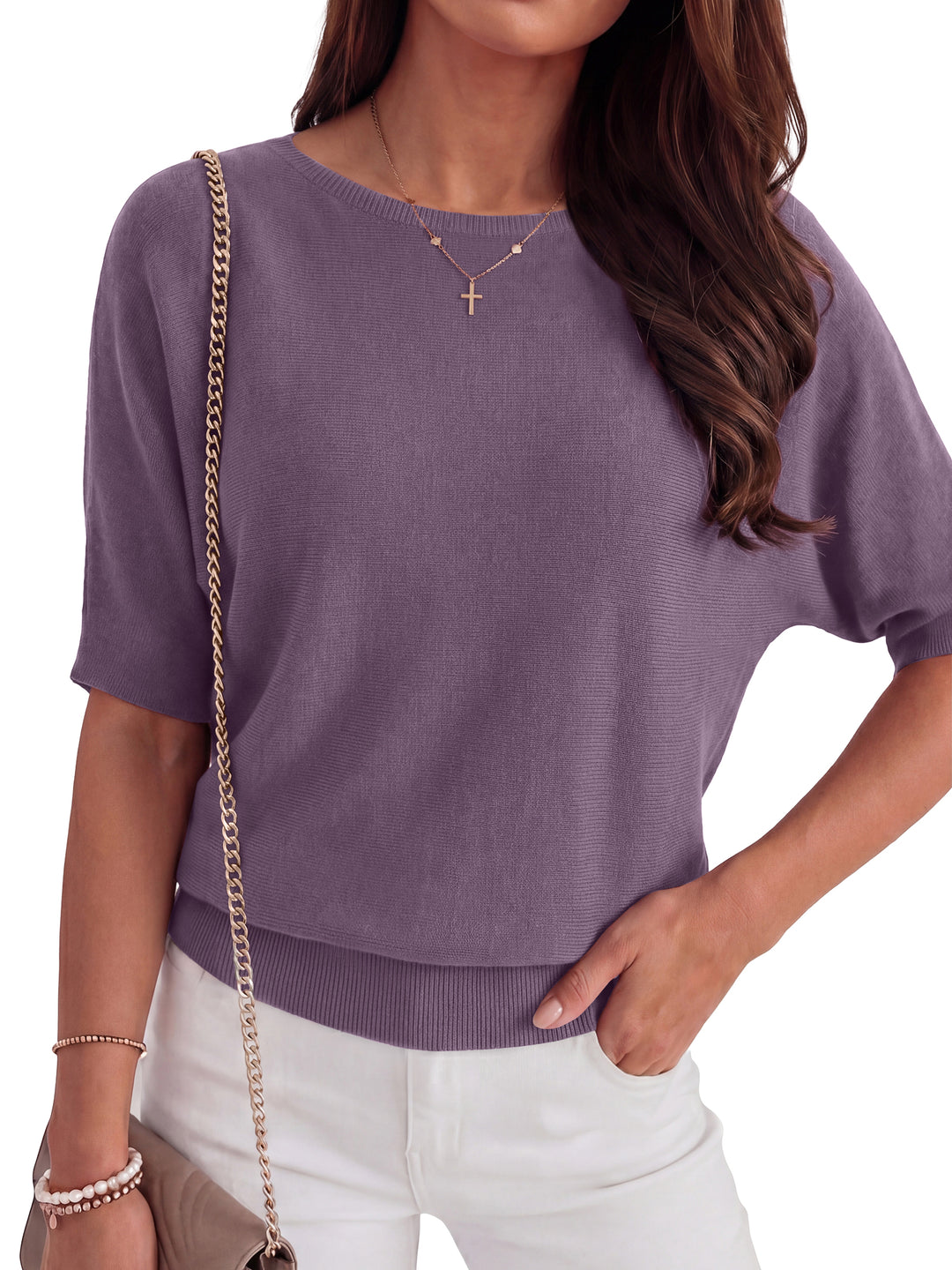ANRABESS Women's Short Sleeve Sweater Wool Blend Crewneck Lightweight Sweaters Tops Summer Spring Business Casual Outfits