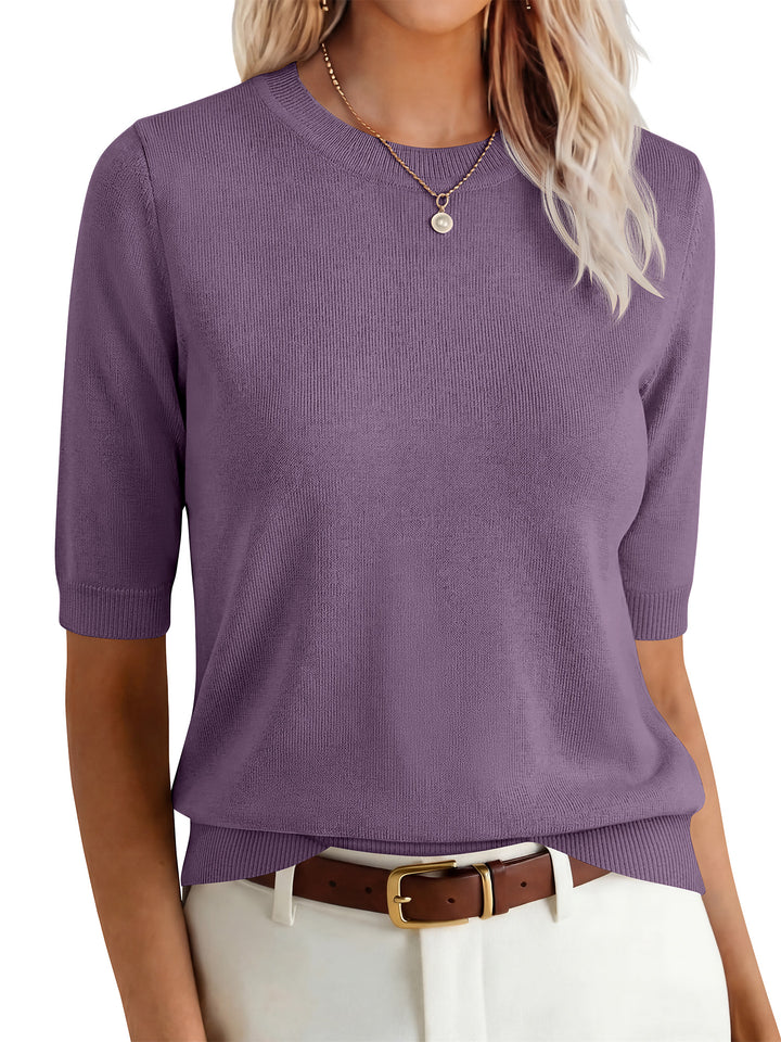 ANRABESS Short Sleeve Sweaters for Women Summer Wool Blend Crew Neck Shirts Lightweight Work Top 2026 Business Casual Outfits