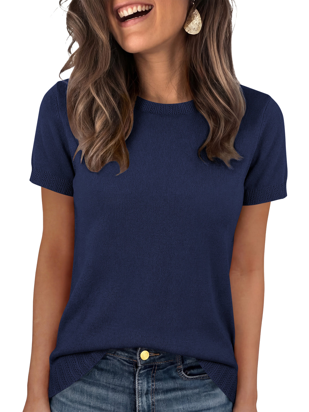ANRABESS Short Sleeve Sweater for Women Lightweight Crewneck Wool Blend Sweaters Tops Spring Summer Business Casual Outfits