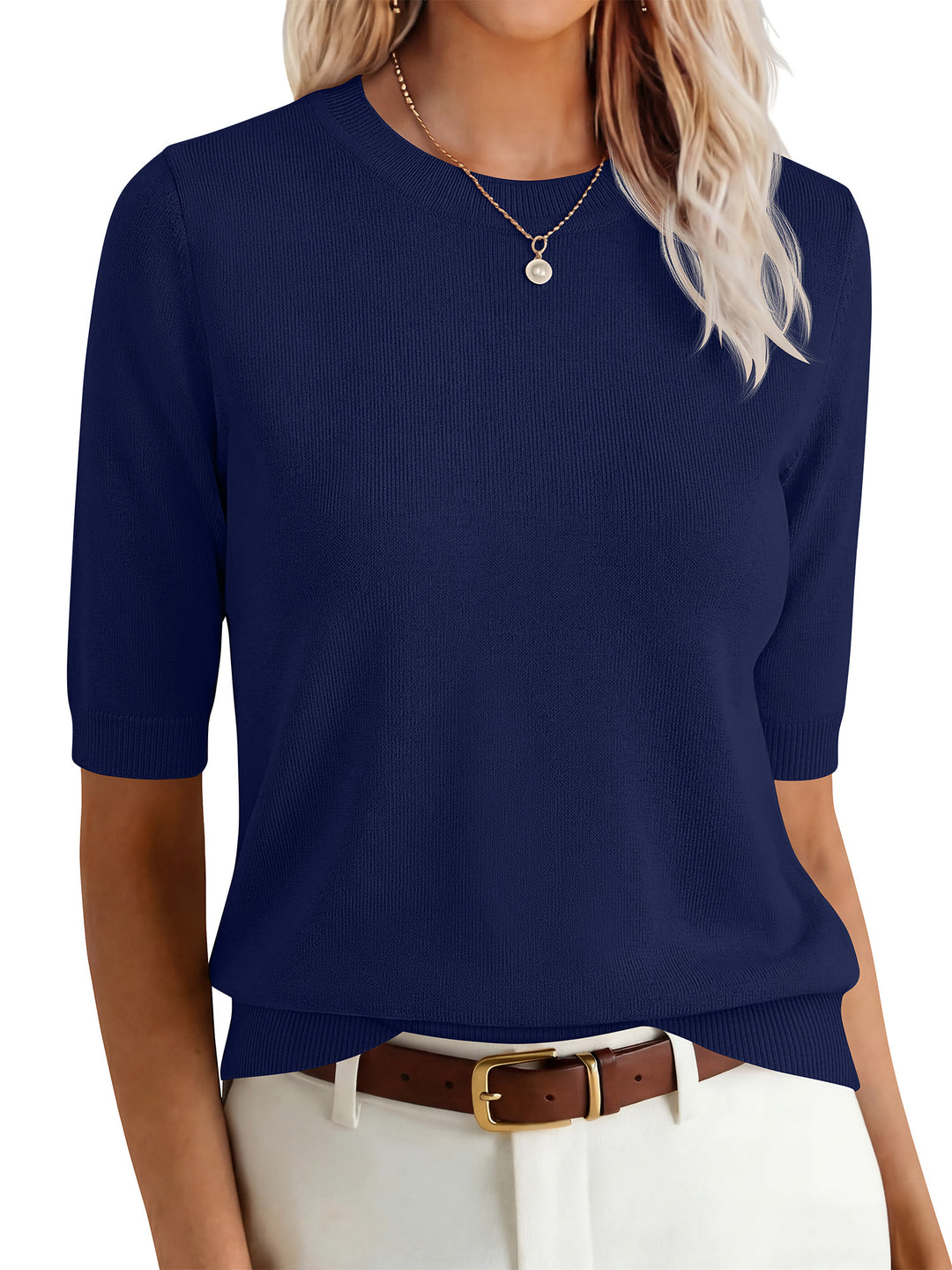 ANRABESS Short Sleeve Sweaters for Women Summer Wool Blend Crew Neck Shirts Lightweight Work Top 2026 Business Casual Outfits