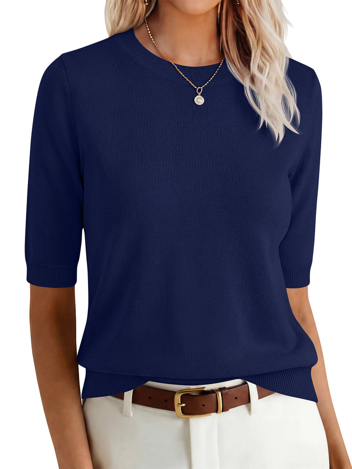 ANRABESS Short Sleeve Sweaters for Women Summer Wool Blend Crew Neck Shirts Lightweight Work Top 2026 Business Casual Outfits