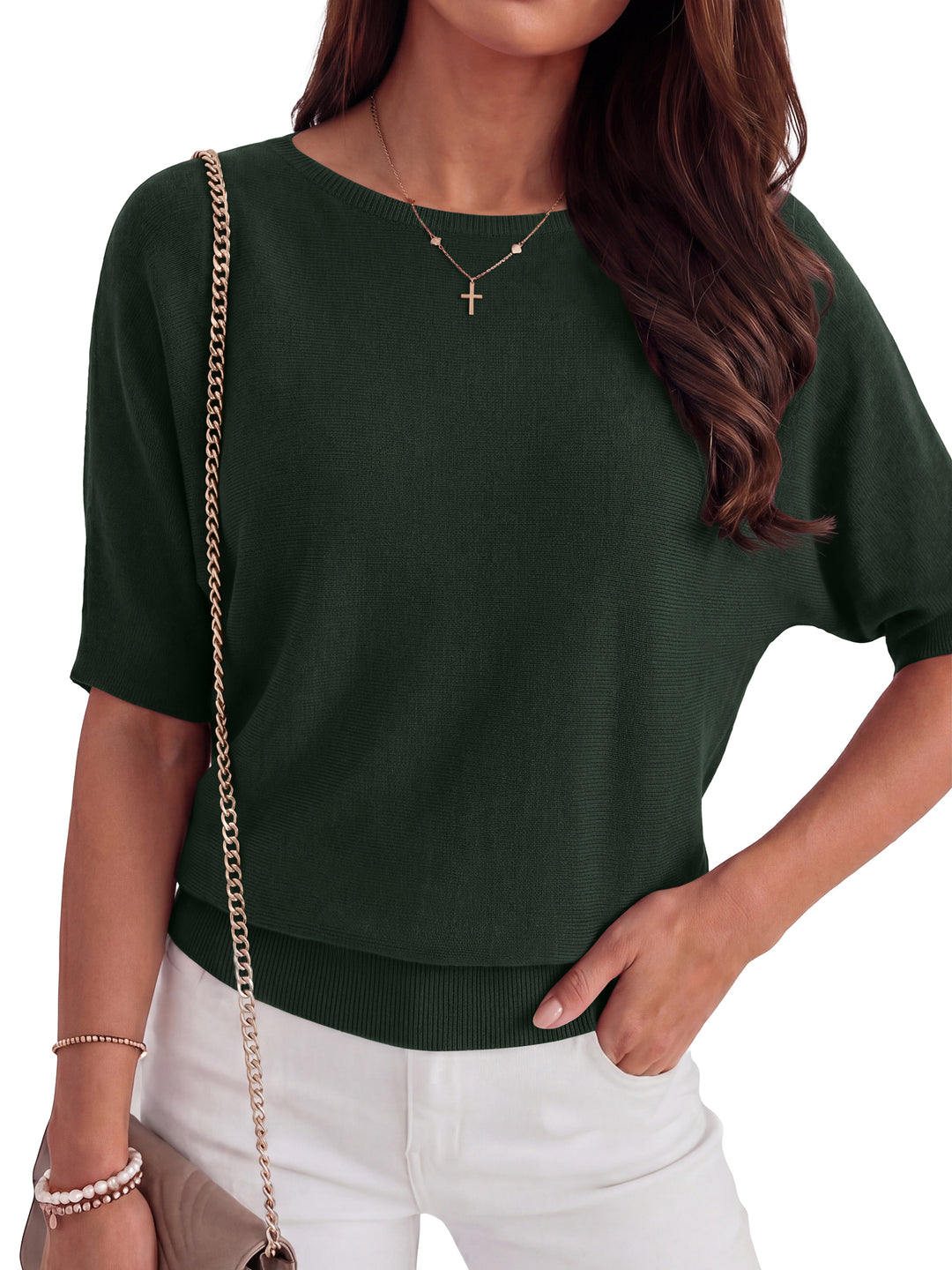 ANRABESS Women's Short Sleeve Sweater Wool Blend Crewneck Lightweight Sweaters Tops Summer Spring Business Casual Outfits