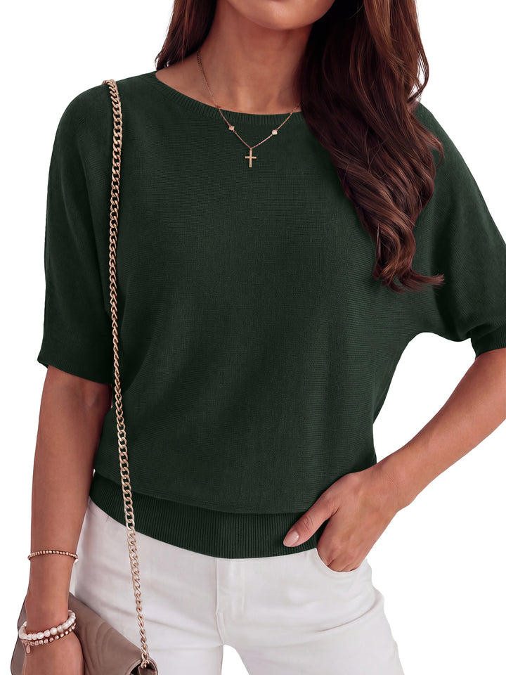 ANRABESS Women's Short Sleeve Sweater Wool Blend Crewneck Lightweight Sweaters Tops Summer Spring Business Casual Outfits