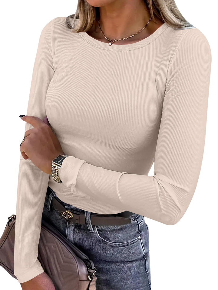 ANRABESS Long Sleeve Shirts for Women Ribbed Knit Slim Fit Basic Tops Crewneck Tees Spring Fall Casual Underscrubs Layer Clothes