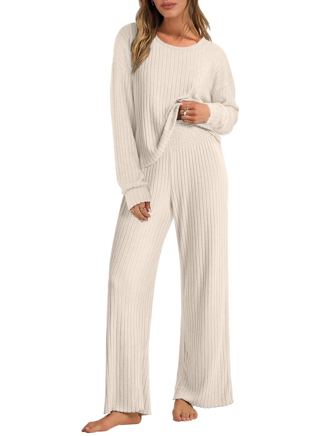 ANRABESS Women 2 Piece Lounge Pajamas Sets Casual Ribbed Knit Long Sleeve Top Pants Matching Set 2026 Fall Outfits Clothes