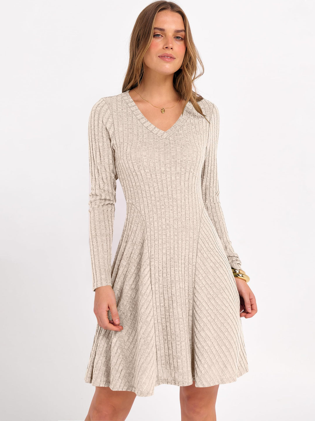 ANRABESS Women's Ribbed V-Neck Swing Sweater Dress