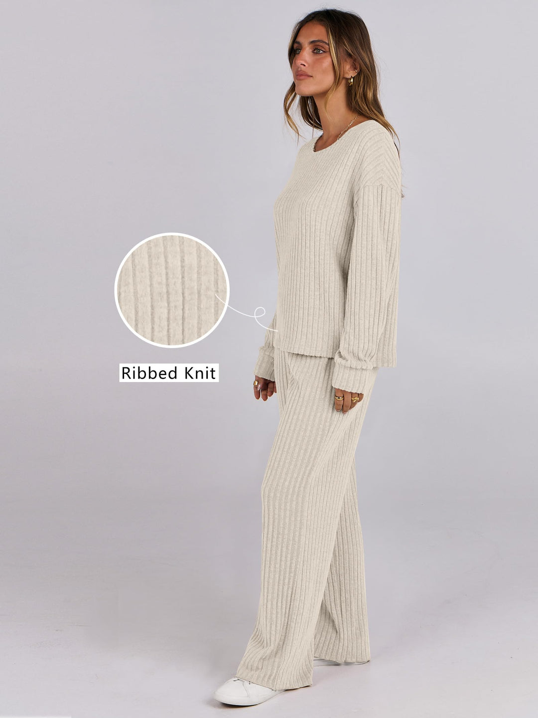 ANRABESS Women 2 Piece Lounge Pajamas Sets Casual Ribbed Knit Long Sleeve Top Pants Matching Set 2026 Fall Outfits Clothes
