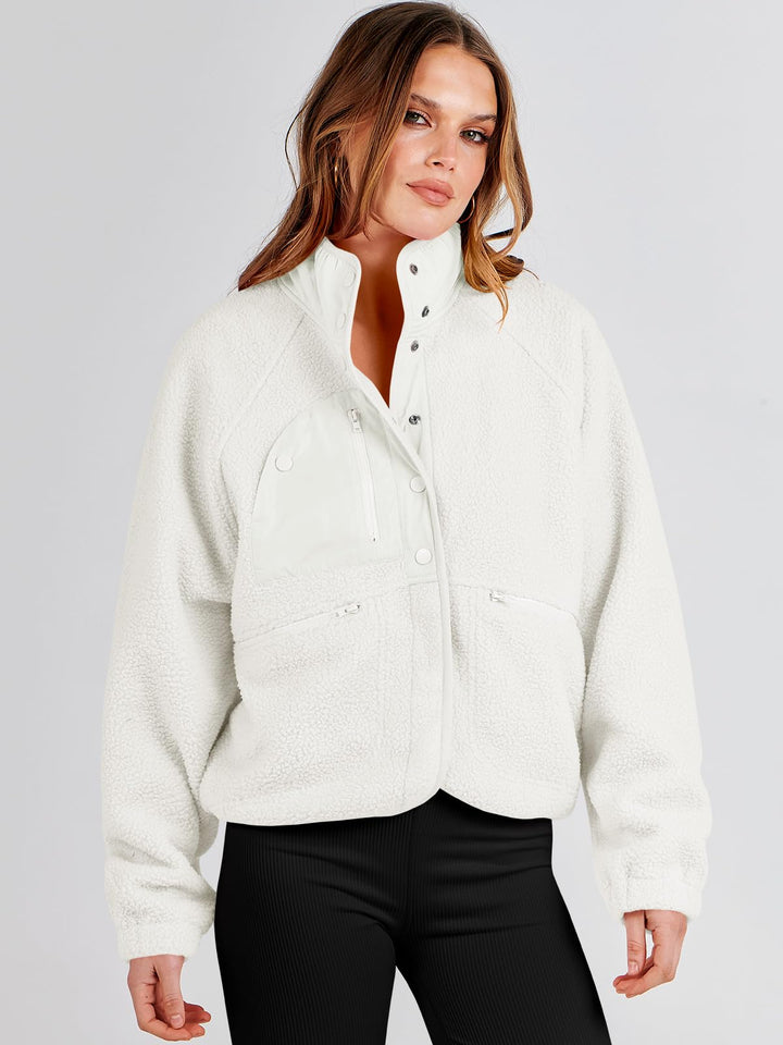 ANRABESS Women's Cropped Sherpa Shacket with Pockets
