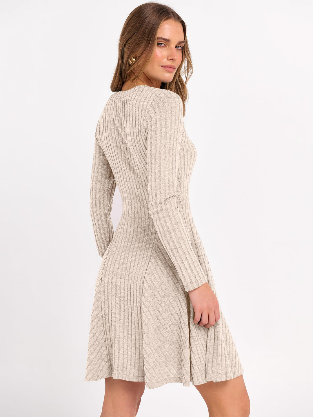 ANRABESS Women's Ribbed V-Neck Swing Sweater Dress