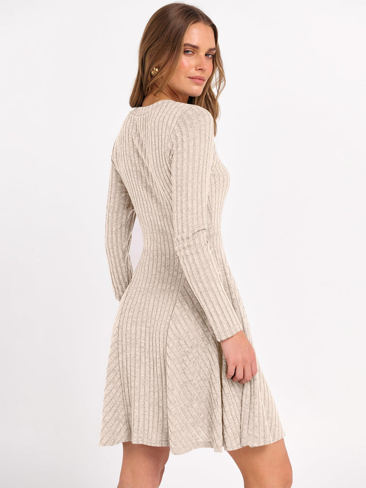 ANRABESS Women's Ribbed V-Neck Swing Sweater Dress