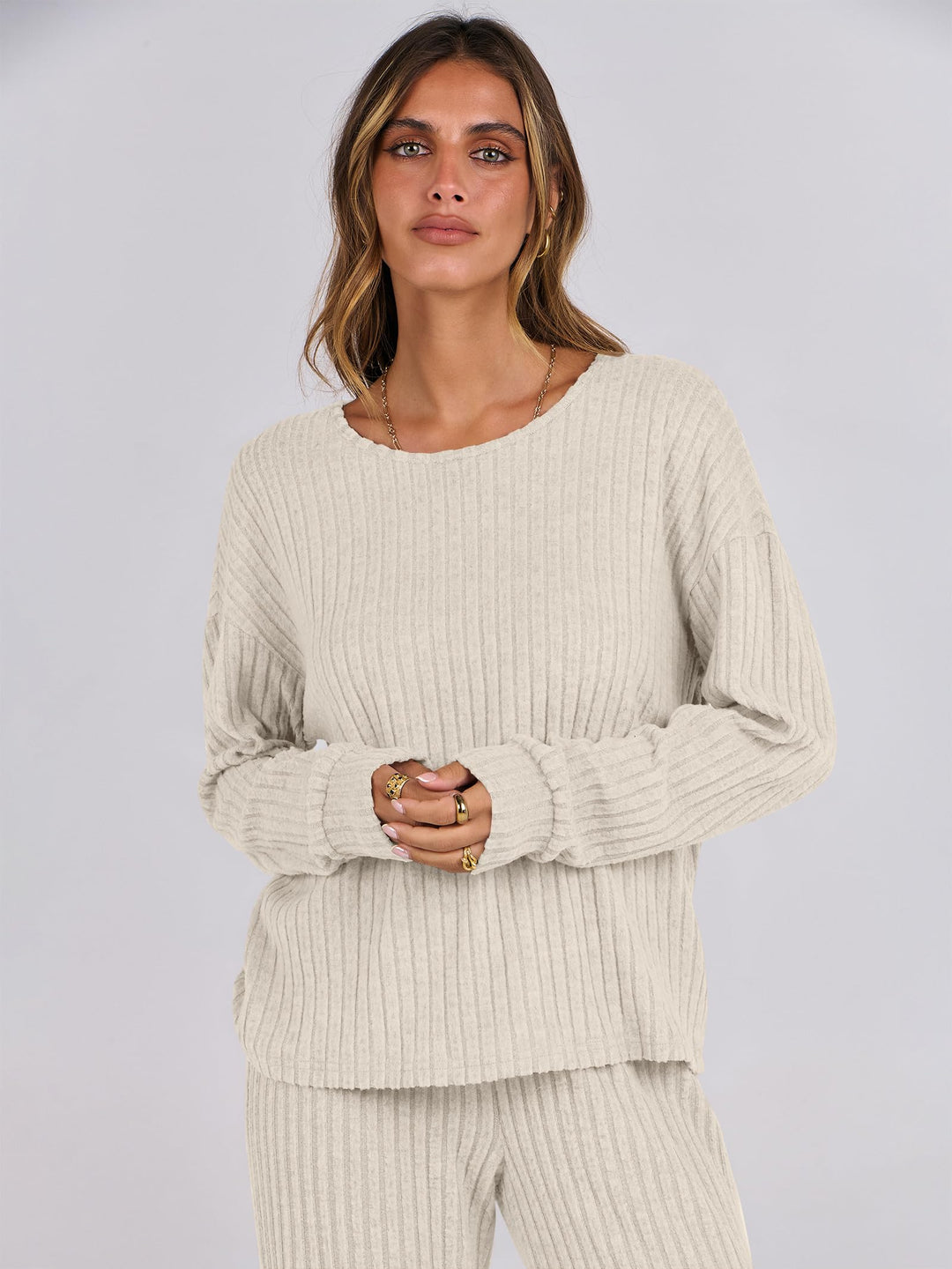 ANRABESS Women 2 Piece Lounge Pajamas Sets Casual Ribbed Knit Long Sleeve Top Pants Matching Set 2026 Fall Outfits Clothes