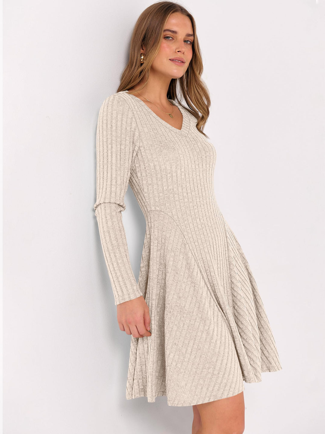 ANRABESS Women's Ribbed V-Neck Swing Sweater Dress