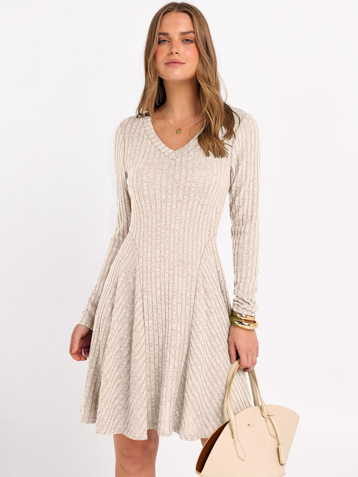 ANRABESS Women's Ribbed V-Neck Swing Sweater Dress