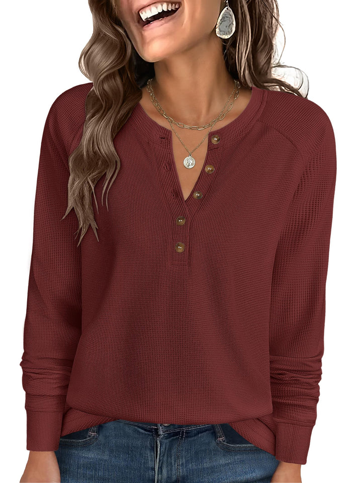 ANRABESS Long Sleeve Waffle Knit Shirts for Women Spring Fall Dressy Casual Button Up V Neck Henley Tops Loose Basic Tees Winter Clothes