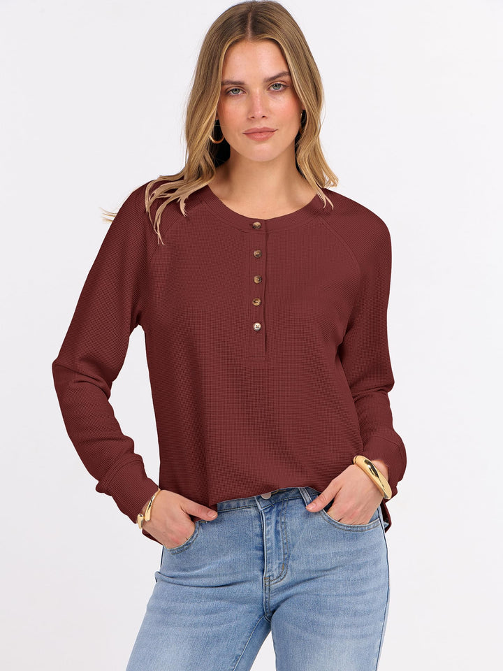 ANRABESS Long Sleeve Waffle Knit Shirts for Women Spring Fall Dressy Casual Button Up V Neck Henley Tops Loose Basic Tees Winter Clothes