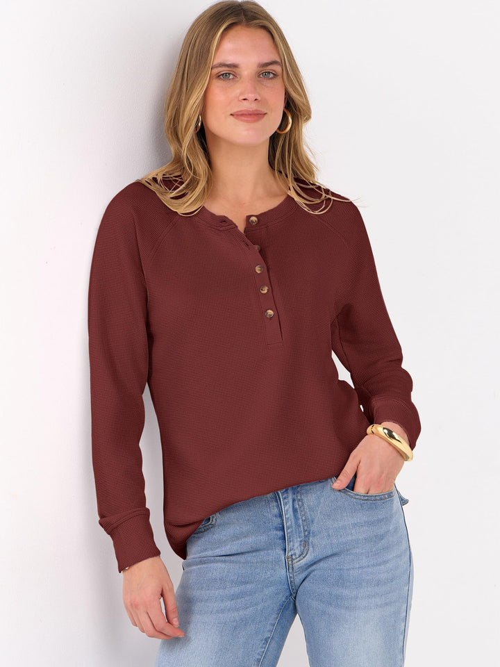 ANRABESS Long Sleeve Waffle Knit Shirts for Women Spring Fall Dressy Casual Button Up V Neck Henley Tops Loose Basic Tees Winter Clothes