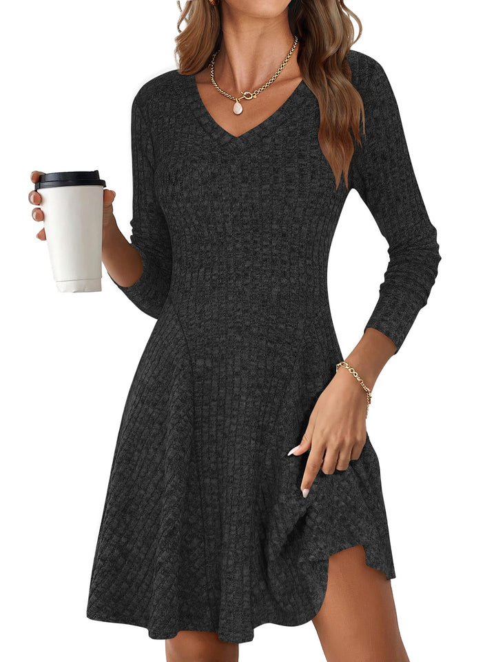 ANRABESS Women's Ribbed V-Neck Swing Sweater Dress