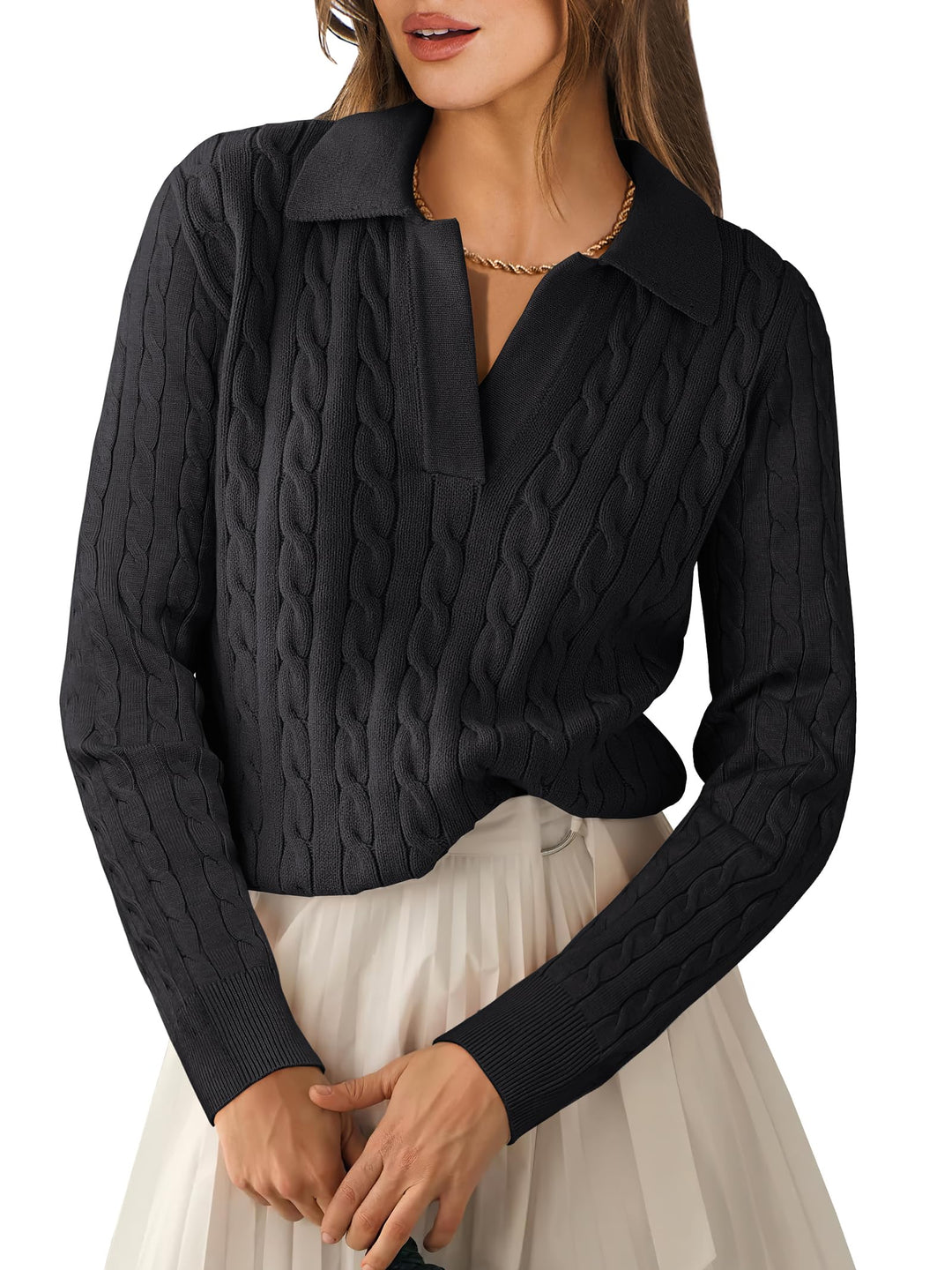 ANRABESS Women's Cable Knit V-Neck Long Sleeve Sweater