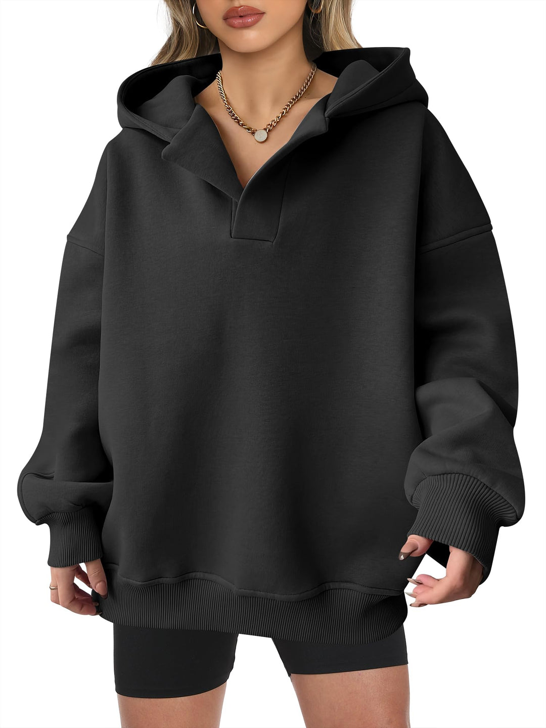 ANRABESS Women's Oversized V-Neck Fleece Hoodie