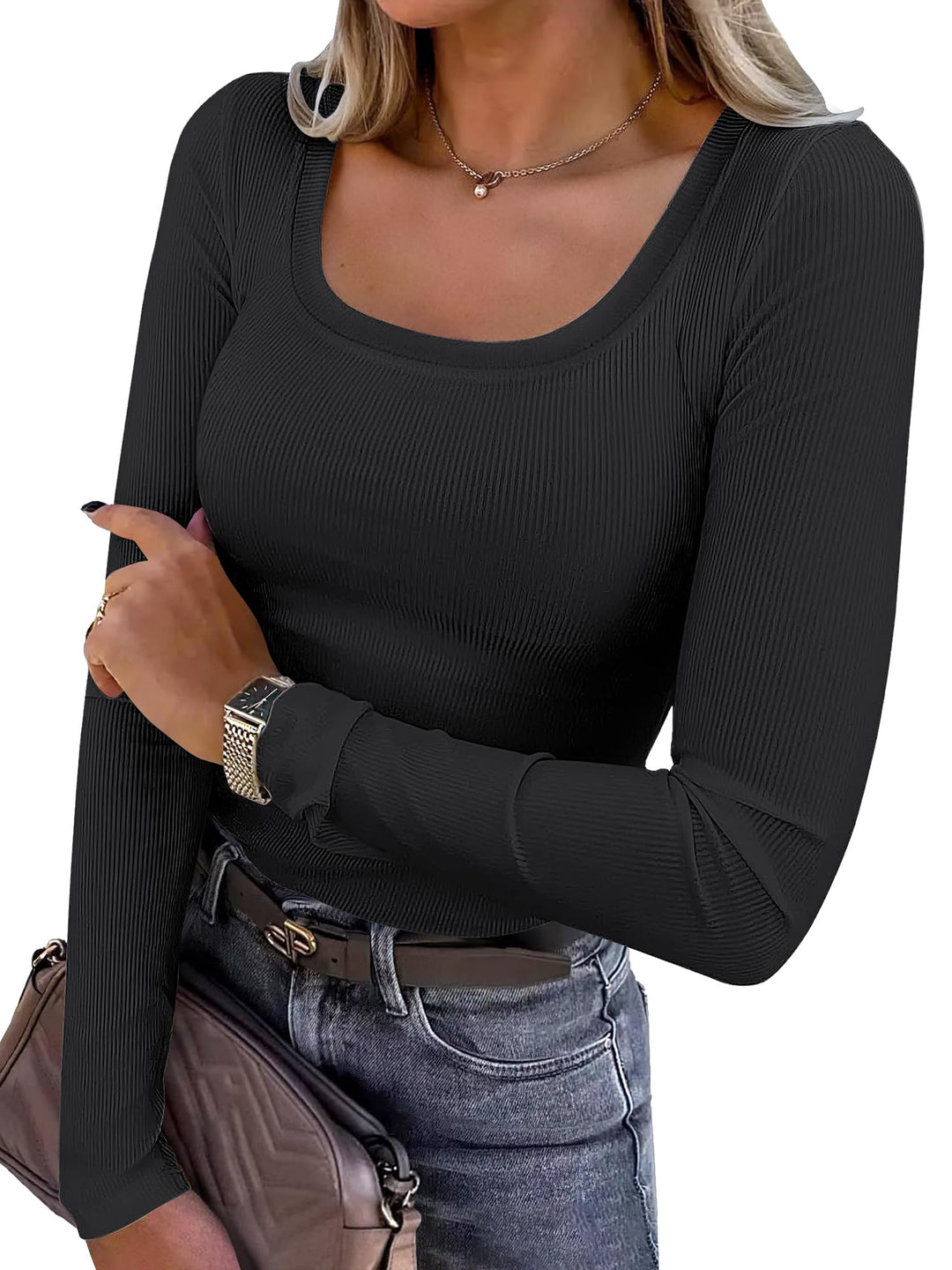 ANRABESS Long Sleeve Shirts for Women Ribbed Knit Slim Fitted Casual Tops Scoop Neck Basic Tee Spring Fall Fashion Clothes