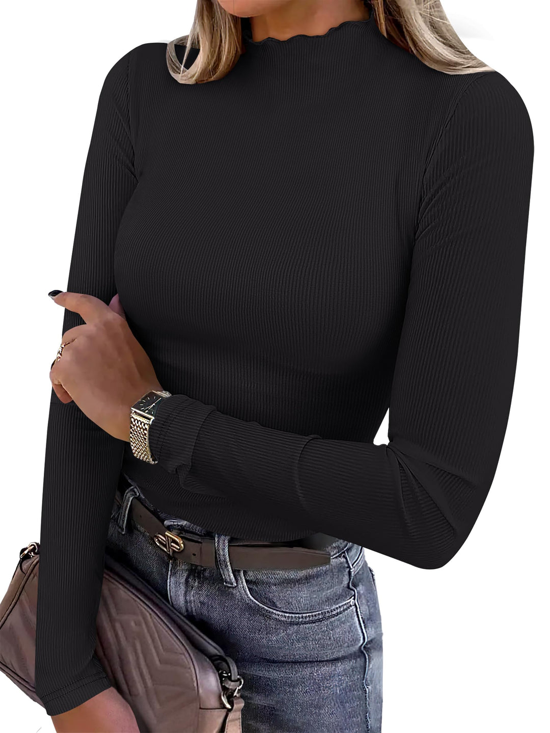 ANRABESS Women's Lettuce Trim Mock Neck Ribbed Top