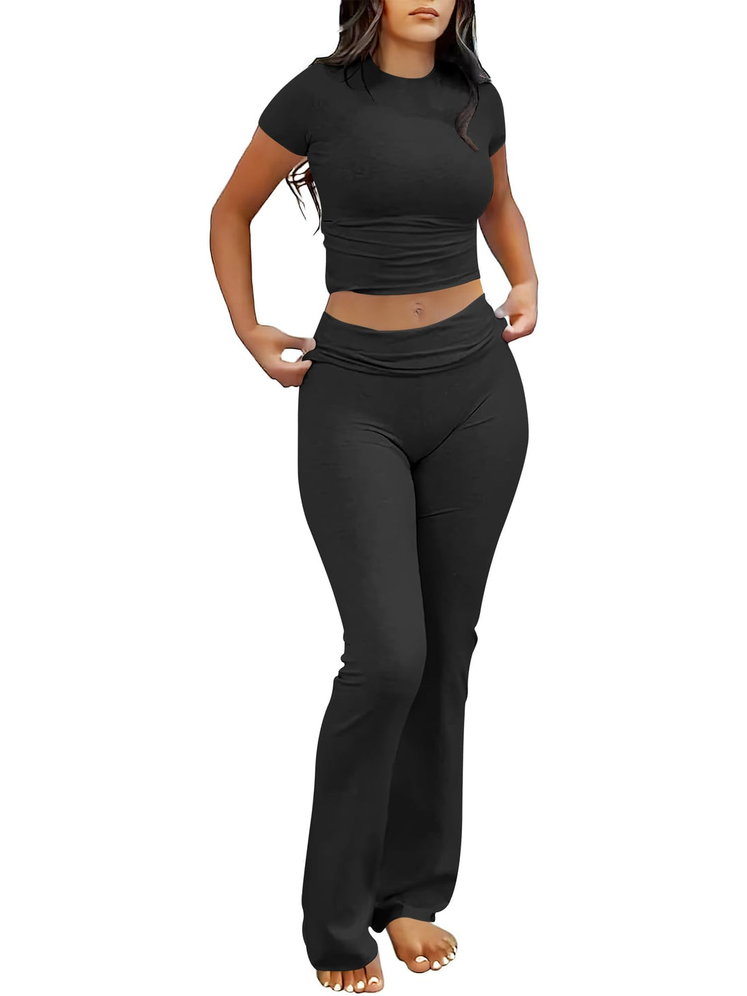 ANRABESS Women's 2-Piece Foldover Flare Legging Set